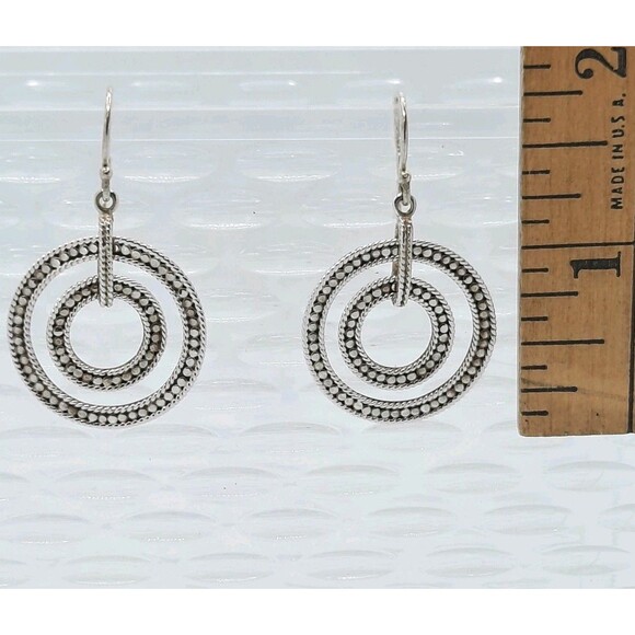 Signed Anna Beck 925 Silver Double Open Circle Dotted Spinner Dangle Earrings - Picture 2 of 5